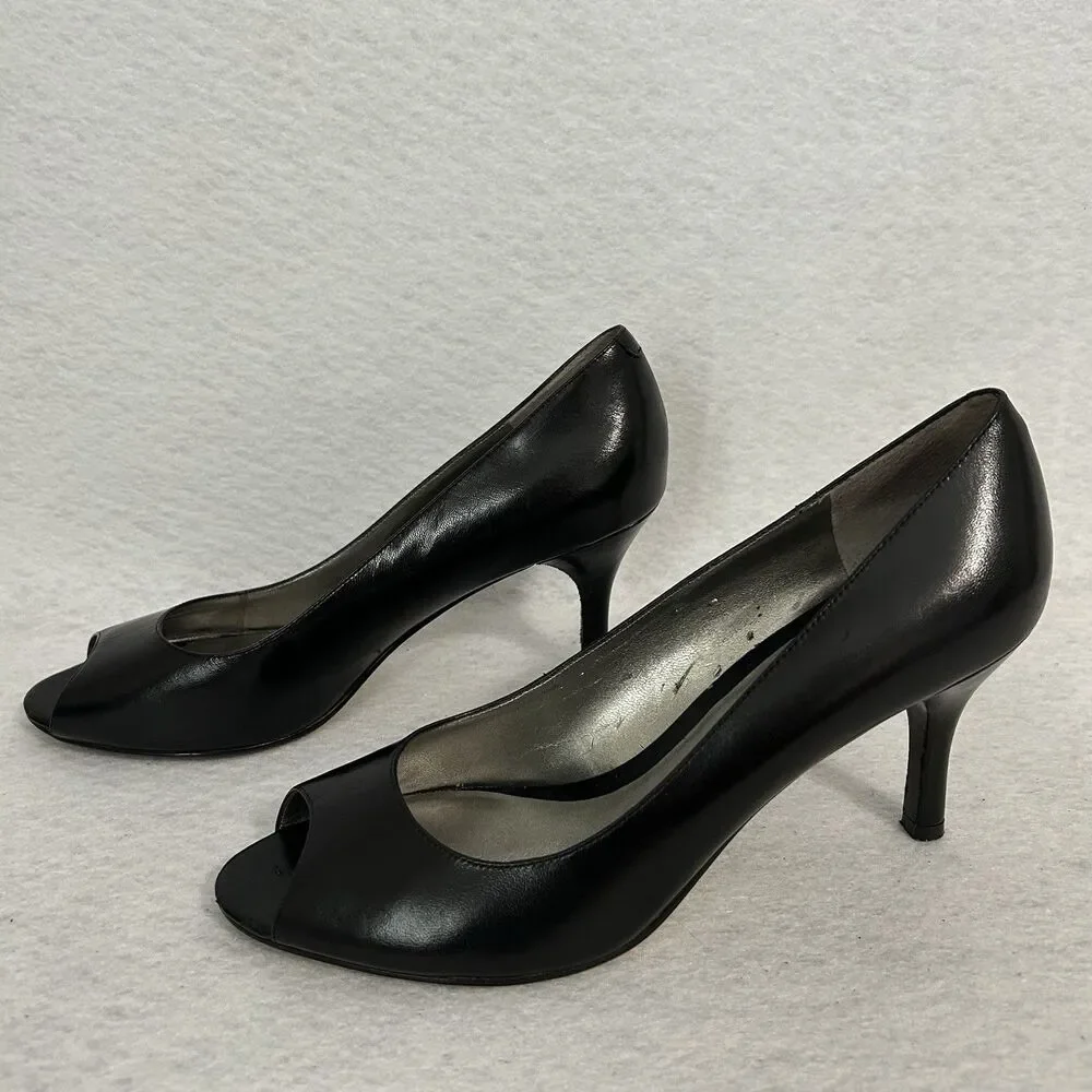 Anne Klein Heels Women 7.5M Black Masirarabc Peep Toe Office Elegant Vintage